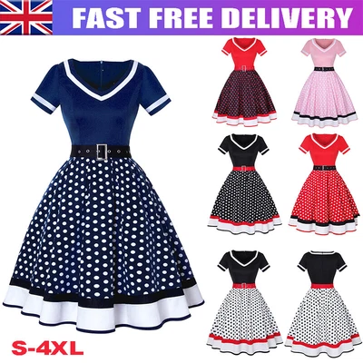 £7.39 • Buy Women Retro Polka Dot Swing Dress 50s 60s Rockabilly Cocktail Eveining Party UK