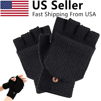 Men Women Wool Fingerless Gloves Knitted Convertible Mittens Flap Winter Warm • $7.15