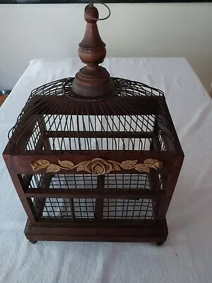 Vintage Bird Cage Wood & Wire-12X8 1/2X18-Wire Dome W/Wood Minaret-Rose On Front • $55