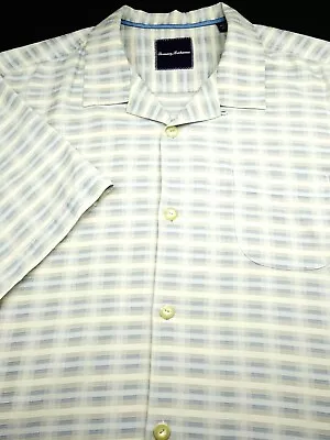 Tommy Bahama Silk Cotton Camp Shirt -xl Ivory White Blue Gray Check Hawaii Aloha • $9.99