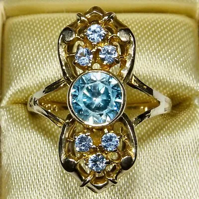 Fabulous Vintage Retro 10K Gold Blue Zircon Dinner Ring • $475