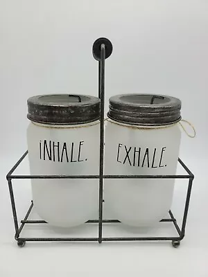 Rae Dunn 2 Frosted Mason Jars Metal Rack 'Inhale' 'Exhale' Tealight Candle • $24.99