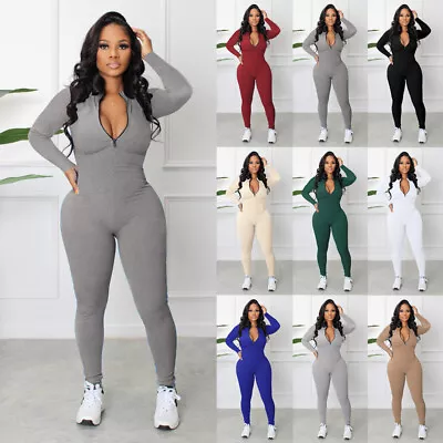 Womens Ribbed Zip Up Bodysuit Unitard Stretch Yoga Jumpsuit Romper Pants SIZE Uk • £7.19