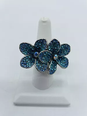 Vintage Costume Jewelry Ring Stretch Elastic Band Blue Flowers • $19.99