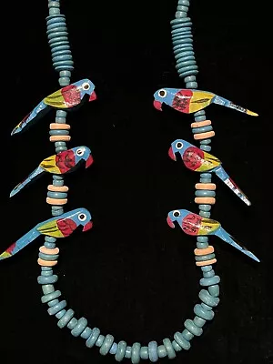 PARROTS Birds Vintage RETRO Necklace Chunky BOHO Tropical Blue  6 Macaws Beaded • $22.99