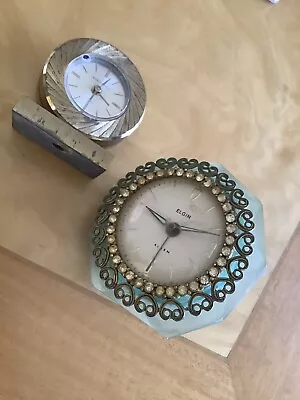 Lot Of 2 “Swiza-Sheffield” & “Elgin” Wind Up Alarm Clocks Jeweled Rhinestones • $14.99