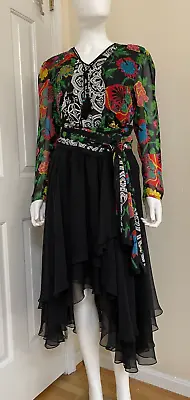 Vintage Diane Freis Black Multi Color Boho Dress With Scarf 1980's Embraided • $159.99