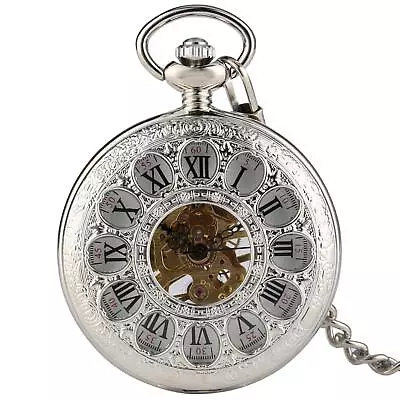 Hollow Mechanical Movement Pocket Watch With Fob Chain For Women Men Gifts • £22.91
