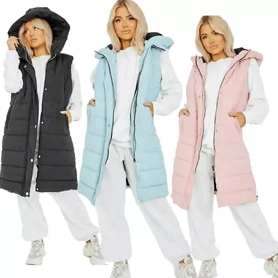 £27.99 • Buy Womens Ladies Long Line Hooded Puffer Gilet Jacket Padded Vest Top Body Warmer