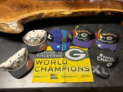 Lot Of 6 Super Bowl XXXI XLV Green Bay Packers Logo Hats And Flag • $59.99