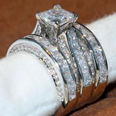 925 Silver Women Fashion 3Pcs/Set Wedding Ring Cubic Zircon Jewelry Sz 6-10 • $3.03