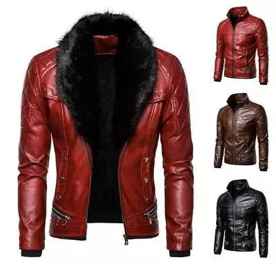 Winter Mens Biker Leather Jacket Quilted Fleece Lined Detachable Fur Collar Coat • $85.99
