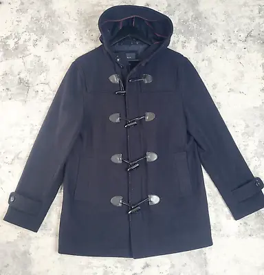 ZARA MAN Duffle Coat Medium Dark Navy Blue Long Wool Blend Jacket Hooded Zip Up • $37.24