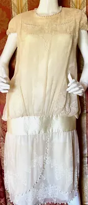 VTG Cream Zandra Rhodes Silk 20s Style Dress Pearl Trim SZ L Neiman- Marcus • $395