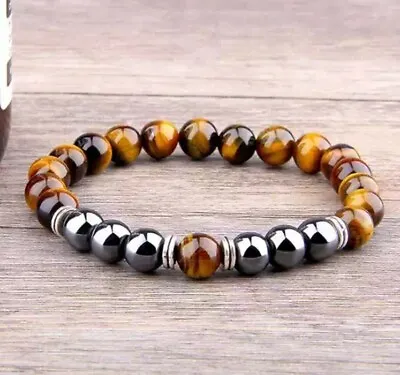 Tigers Eye Hematite Spiritual Energy Healing 8mm Beaded Men Women Bracelet • £4.95