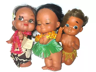 Vintage 1960s Hawaiian   Hula Girl  Rubber Doll LOT Of 3 One Bank (B3) • $28