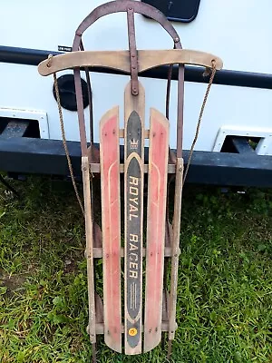 Royal Racer Vintage Sled Metal Red Runner Steel Wood 54” Long Snow Slider 1950s • $70