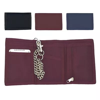 Men's Boys Ripper Canvas Style Wallet With Safety Chain Traditional Style Purse • £7.99