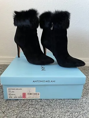 Antonio Melani Women's Kylan Black Fur Trim Stiletto Leather & Suede Bootie 6 M • $29.99