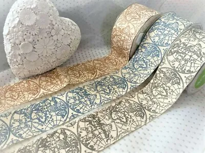 May Arts VINTAGE MAP Travel Print - 3 Shades - Natural 100% Cotton Tape 38mm • £4.95