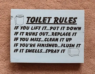 Wall Plaque Sign Reclaimed Pallet Toilet Rules Humour Hand Painted • £17.32