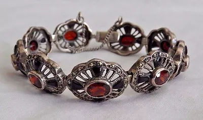 Vintage Sterling Silver Bracelet With Ruby-Red Garnets Marcasites & Onyx Accents • $119.99