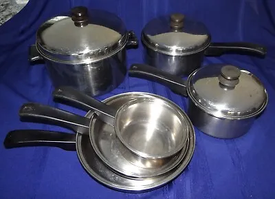 Vtg VOLLRATH Try-Ply 18-8 Stainless Steel Ware LO-HEET Cookware 9 Pc Set Pot Pan • $99.99