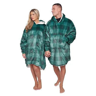 Check Large Oversized Hoodie Blanket Giant Fleece Extra Plush Sweatshirt Green • £15.99