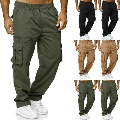 Mens Stretch Cargo Combat Work Pants Multi Pockets Elastic Waist Casual Trousers • £4.99