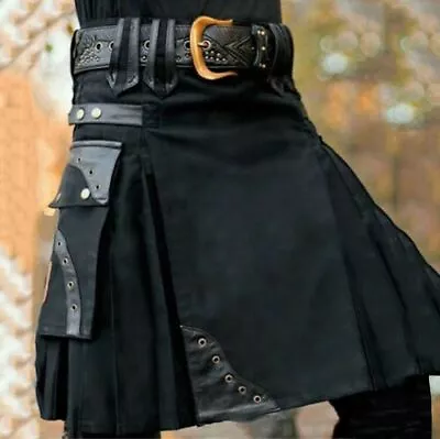 PU Cargo Gothic Steampunk Kilt Patchwork Pocket S-3XL Vintage Men Warrior • $40.92