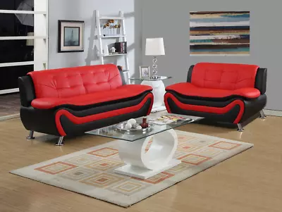 NEW Sofa Loveseat Set Black Red Leather Gel 2PC Modern Living Room Furniture  • $849.99