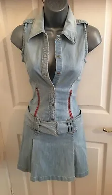 Miss Sixty Vintage Y2K Baby Blue Denim Belted Sleeveless Dress Size Small • $101.04