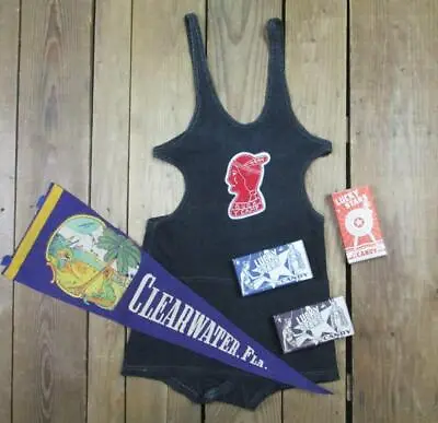 Vintage 1920s Wool Swimsuit Antique Bathing Suit W/Beach Pennant Candy Boxes • $449