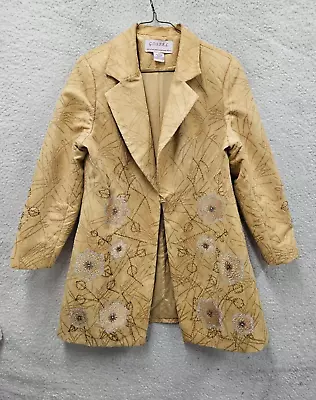 GOSPEL Women Jacket 14W Yellow Mustard 100%Polyester Floral Velvet Beaded Blazer • $21.59