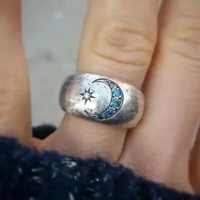 Boho Vintage Handmade Silver Moon Star Ring Women Unique Party Jewelry Size 5-10 • $2.34