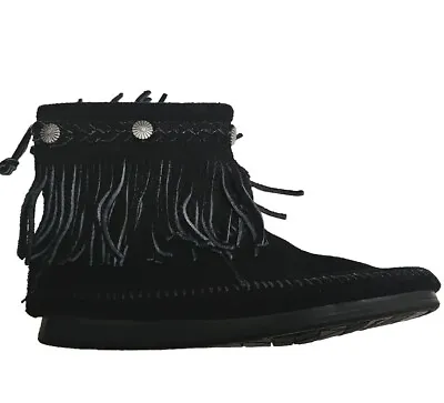 Minnetonka Moccasin Boots Womens Size 5.5 Black Ankle Fringe Shoe Zip Back • $19.95