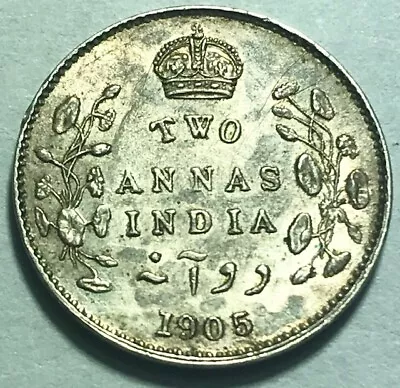 BRITISH INDIA - Edward VII - Silver 2 Annas 1905c - Toned Brilliant Uncirculated • $25