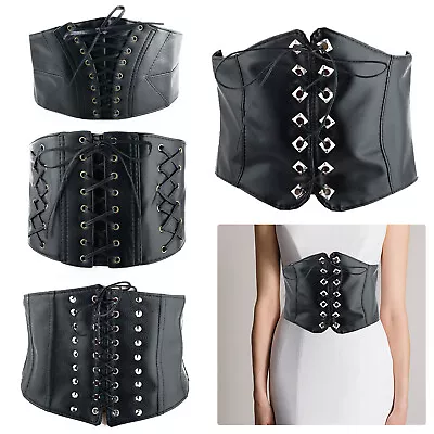 Black Waist Cincher Wide Band Elastic Tied Waspie Corset Leather Belt Ladies • £8.19