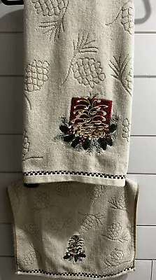 Vintage Christmas Embroidered Bath & Hand Towel Set Pine Cones Beige 100% Cotton • $24.52