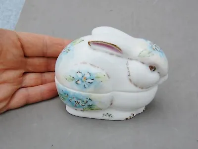 Hand Painted Porcelain Ceramic Rabbit Trinket Box Signed Dogwood Flower Antique • $14.89