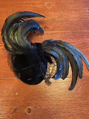 Vintage 1950’s Black Velvet Hat With Feathers Made By Mabel Ellsworth • $12