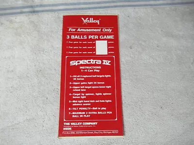 Original VALLEY SPECTRA IV PINBALL STICKER  ARCADE GAME ART  • $41.86