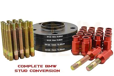 $148.83 • Buy Bmw 10mm & 15mm Black Hub Centric Wheel Spacers + Stud Conversion Red Lug Nuts