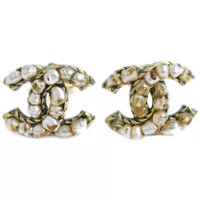 Authentic CHANEL Coco Mark Beads Earrings 20x17mm GP Gold Plated White • £231.74