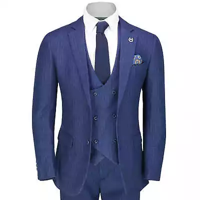 Mens 3 Piece Suit Blue Pinstripe 1929’s Gatsby Tailored Jacket Waistcoat Trouser • £89.99