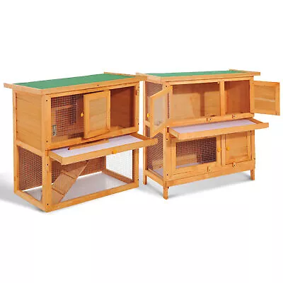 2-tier Rabbit Hutch Small Animal Wooden Bunnies House Outdoor Backyard 2 Sizes • £66.99