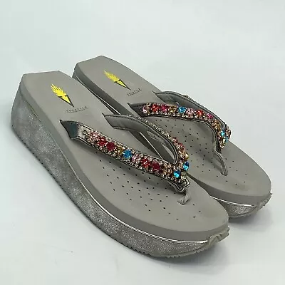 Very Volatile Rock Candy Silver Multicolor Wedge Thong Sandal Women Size 8 (C12) • $25