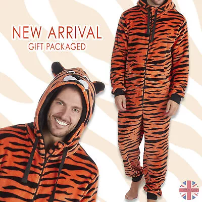 Mens Adult 1Onesie Animal Tiger Fleece Sleepsuit Costume Hooded Zip All In One • £26.99