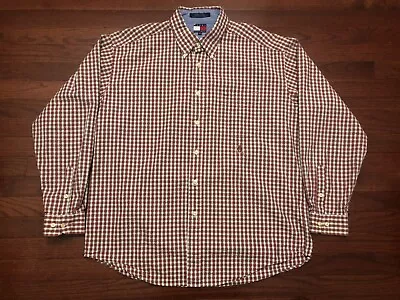 VINTAGE 1990's TOMMY HILFIGER BUTTON DOWN SHIRT MENS XL RED BLUE PLAID 90's E • $19.99