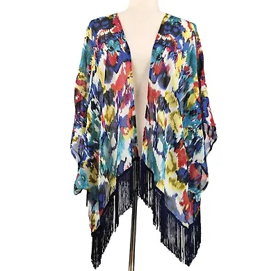 Take Two Clothing Co. Shawl Sz L Tassel Fringe Wrap Dolman Sleeve Abstract Artsy • $17.99